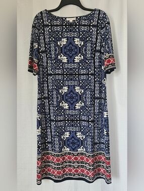 Westport 1962 Stretchy Blue Pattern Dress Size 16 Blue Short Sleeve